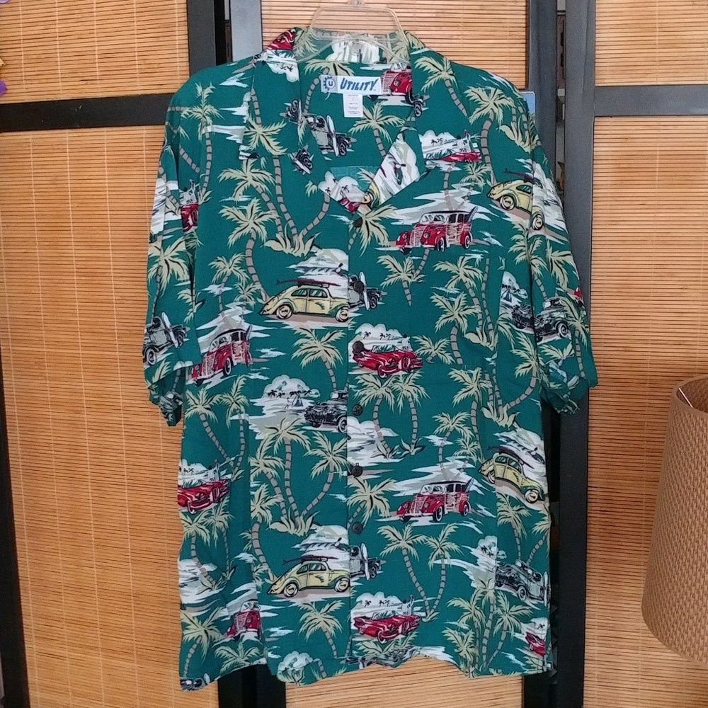 Vintage UTILITY Hawaiian shirt Woody Wagons L